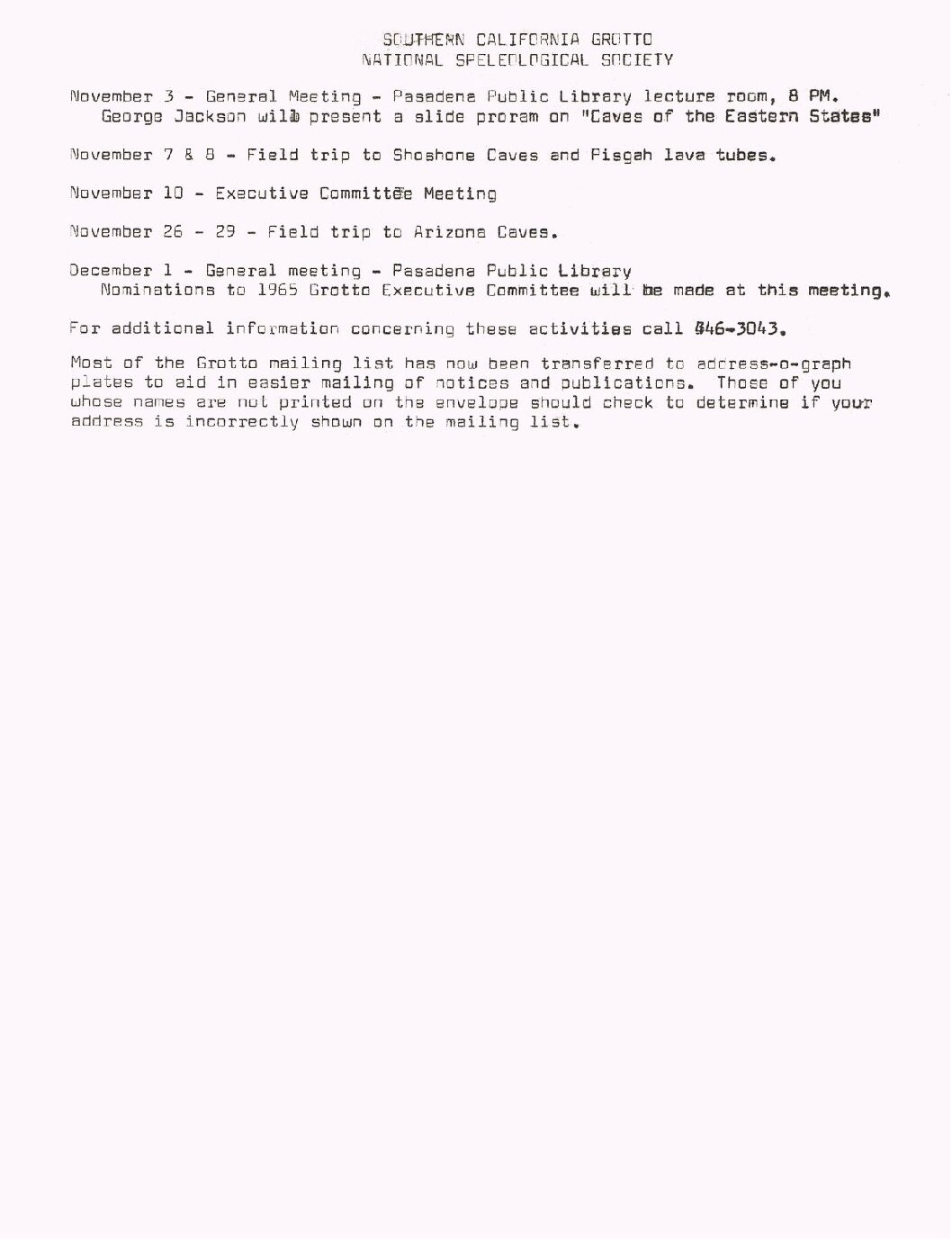 1964 November – SCG Newsletter